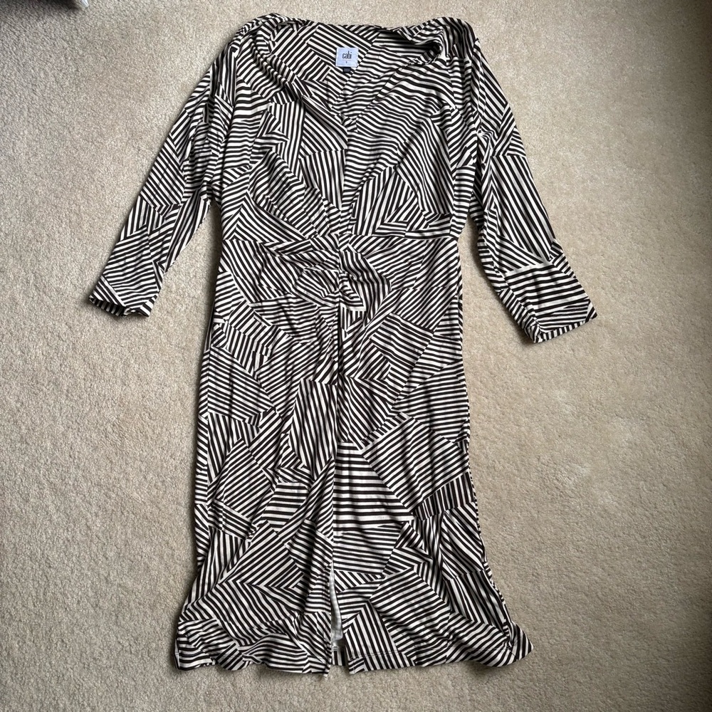 CABI Geometric Brown and White 3/4 Sleeve Dress